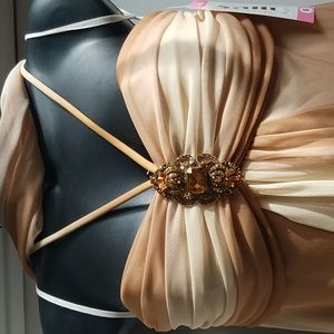 NWT Sally Women's Formal Gown in Size Small - Various Beige/Tan Hues with Broach